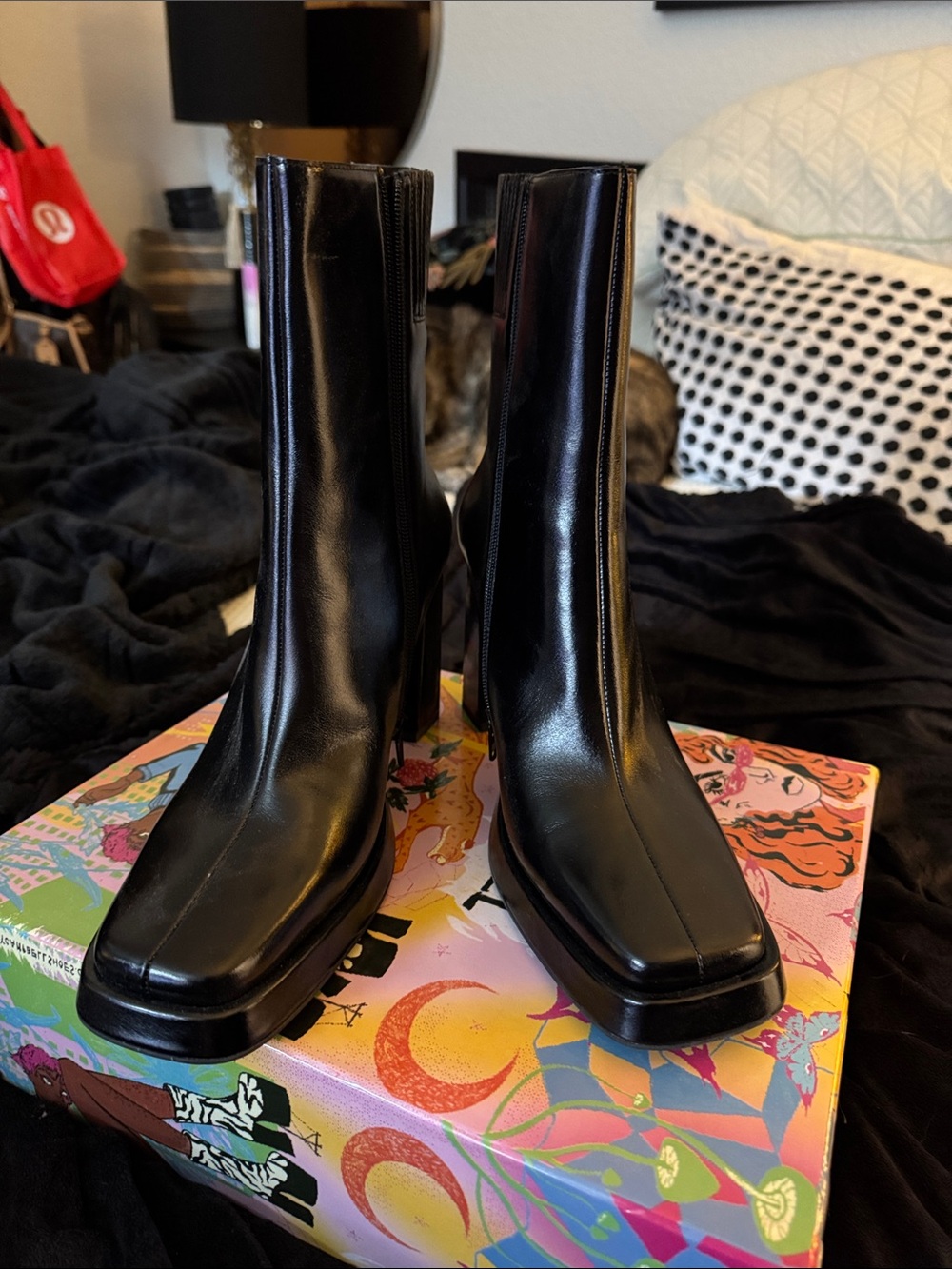 Jeffrey Campbell Black Square-Toe Leather Ankle Boots
